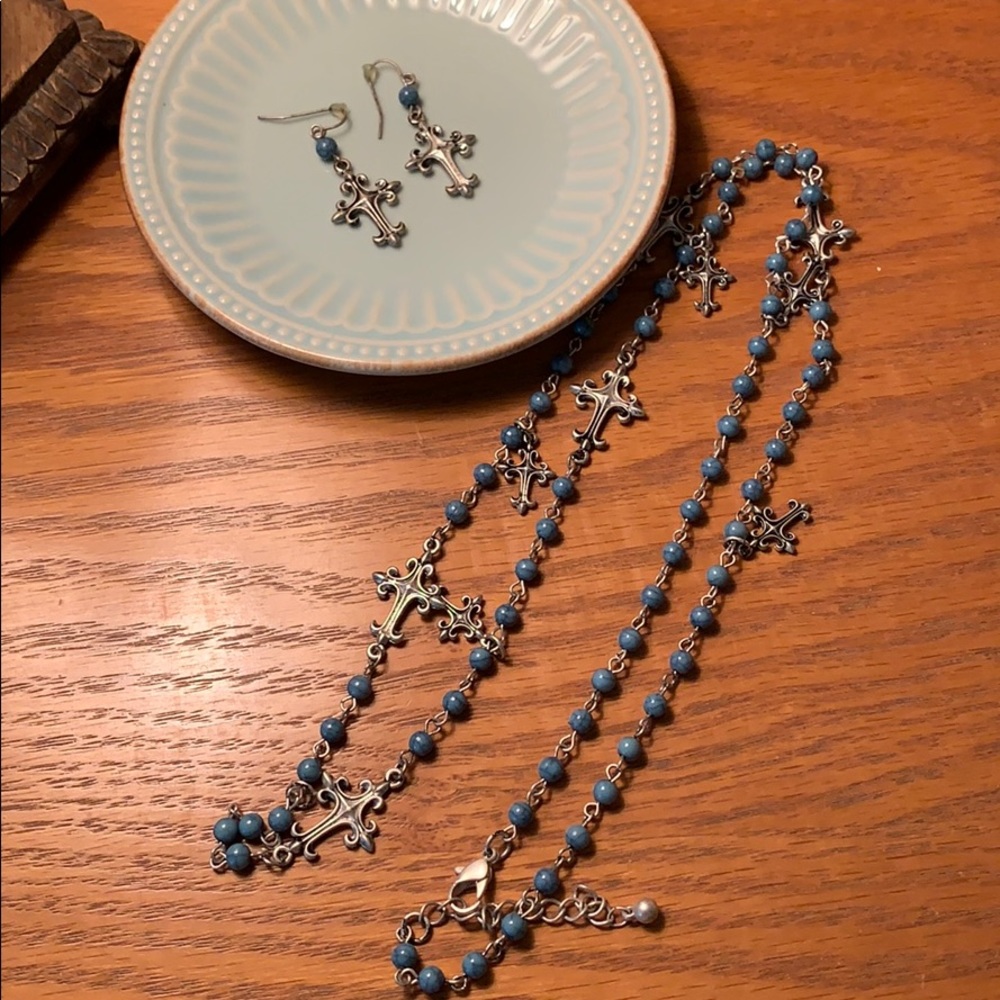 Cross long necklace and earring set